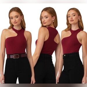 Astr Burgundy Asymmetrical Bodysuit